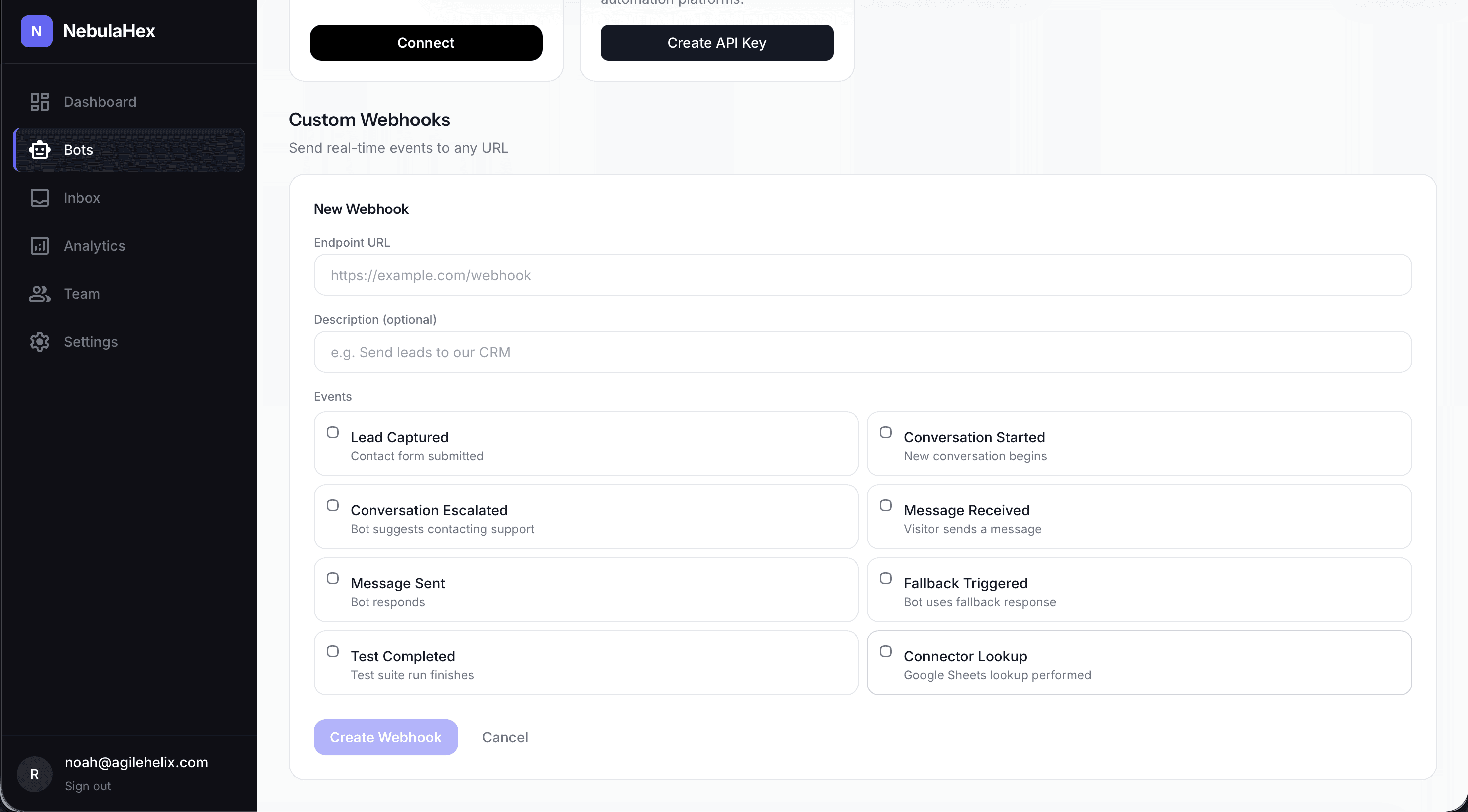 Custom webhooks: HMAC-signed event delivery for 8 event types