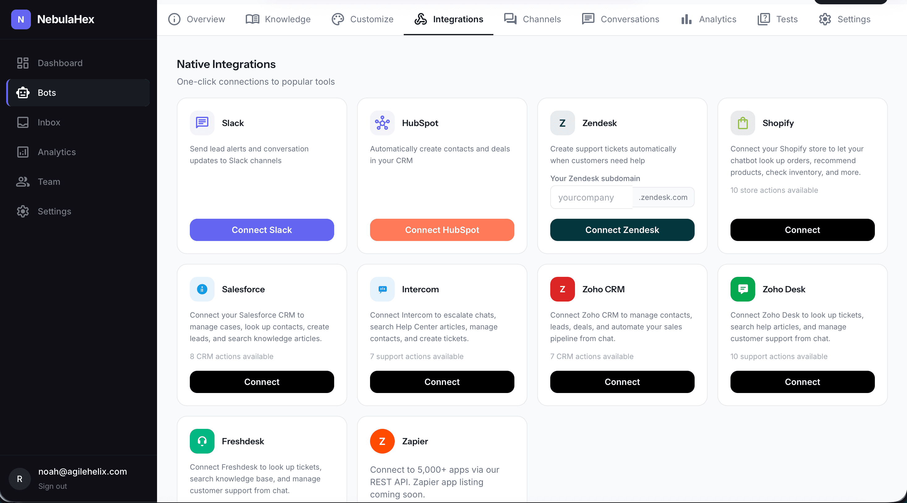 Native integrations: Slack, HubSpot, Zendesk, Shopify, Salesforce, Intercom, Zoho CRM, Zoho Desk, Freshdesk, Zapier
