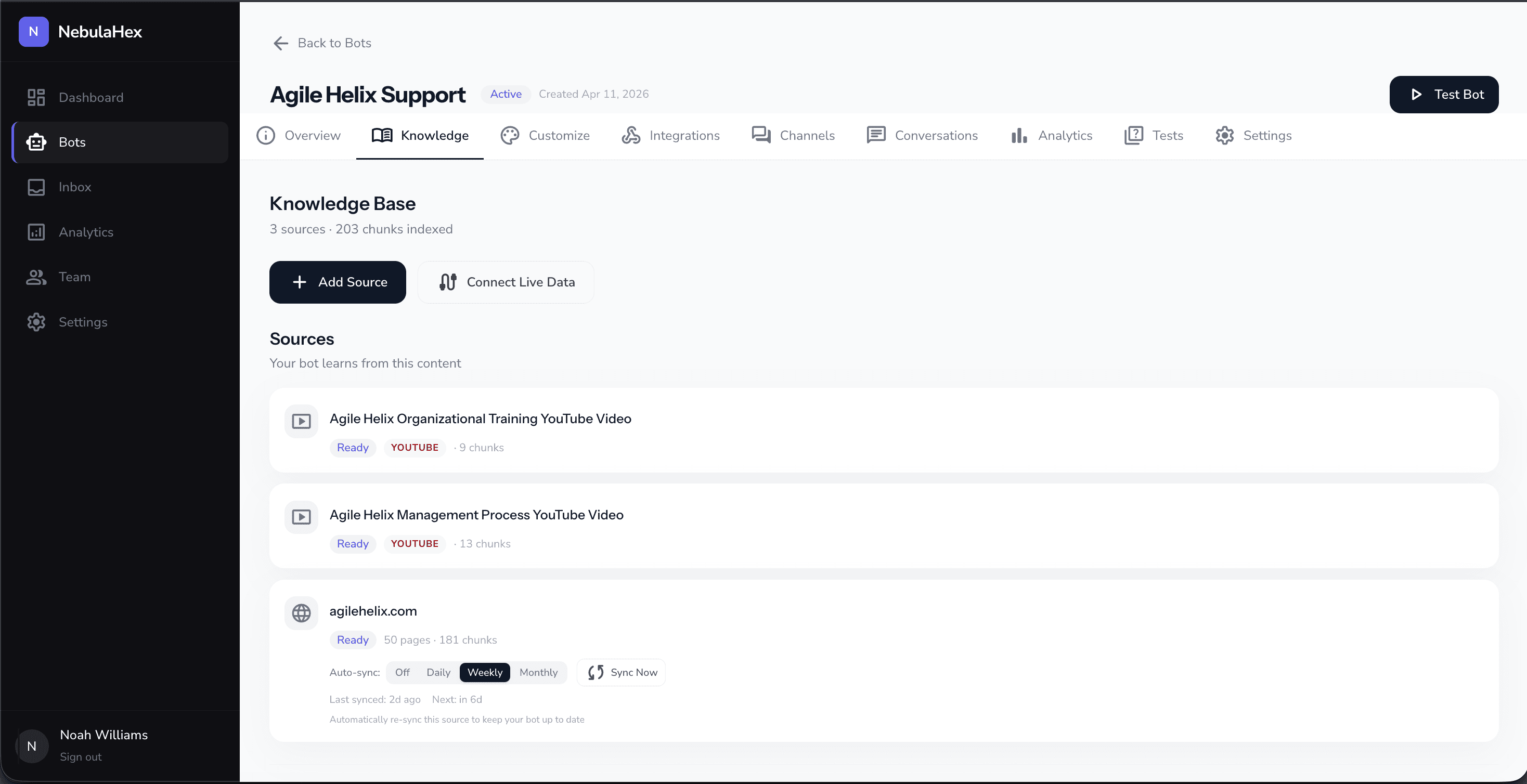 NebulaHex knowledge base showing uploaded documents and sources