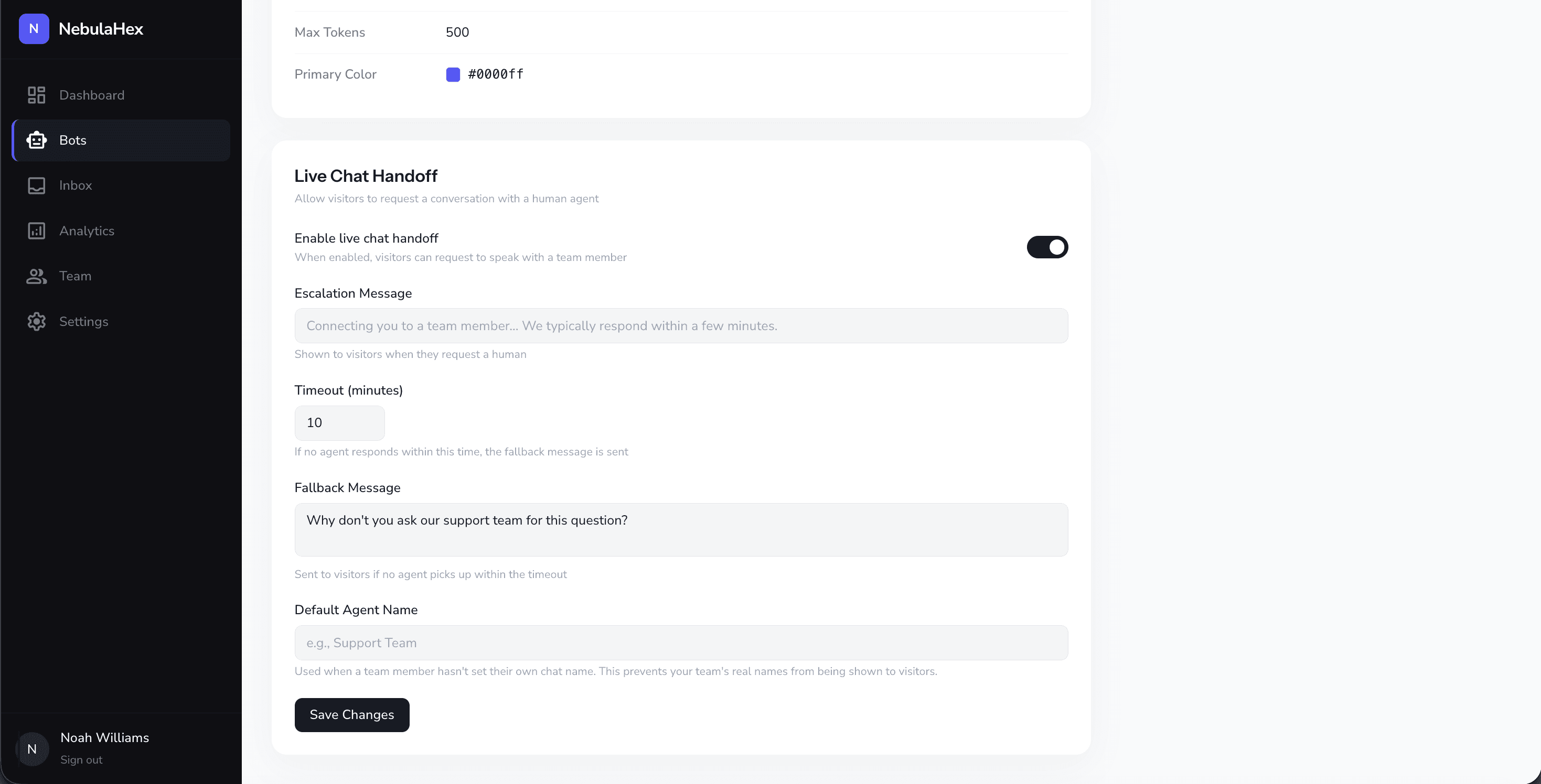 NebulaHex real-time live chat inbox with agent handoff