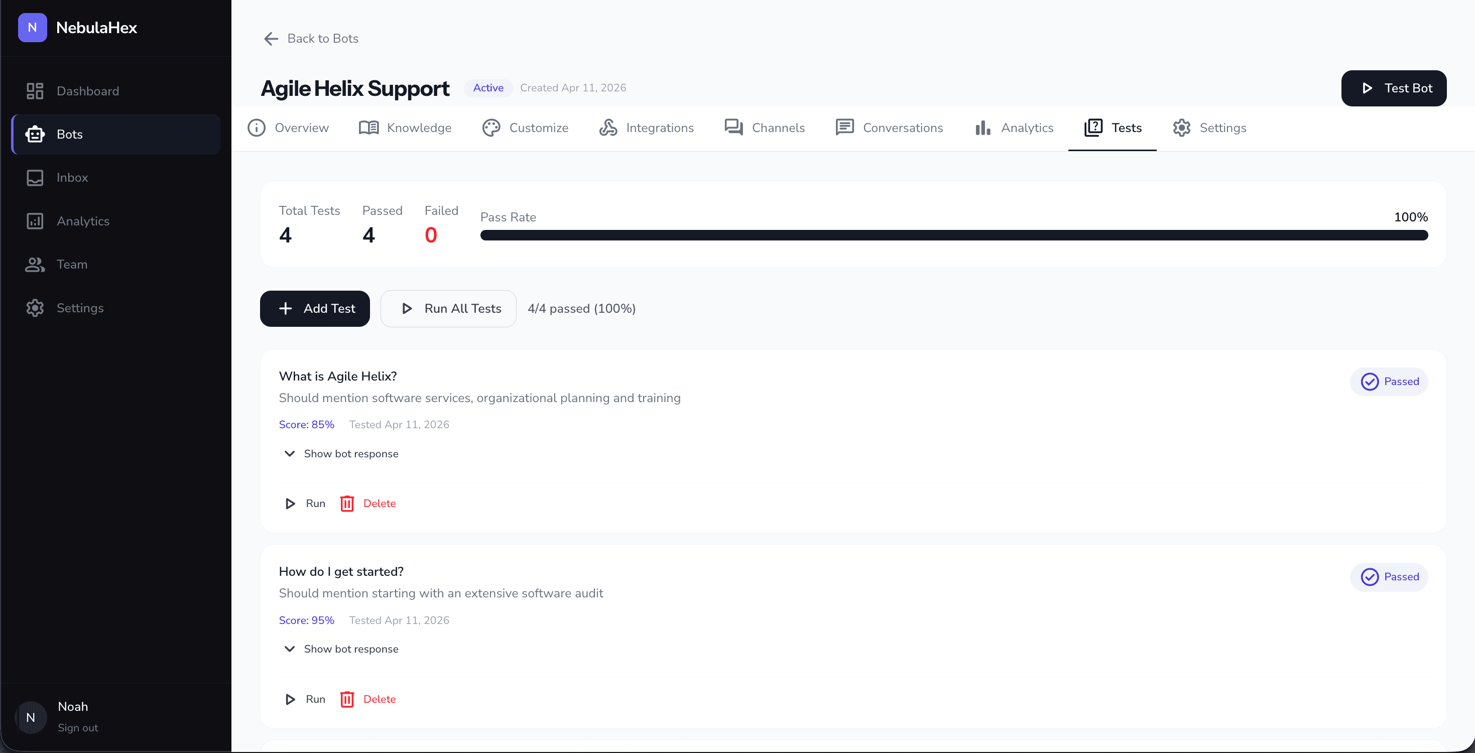 NebulaHex test suite with AI-scored Q&A results